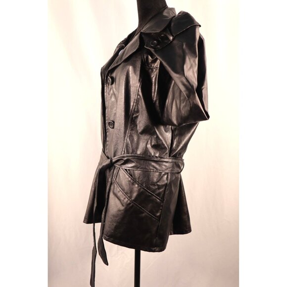 Vintage 90s Y 20K Jennyfer J Faux‎ Black Leather Trench Coat Women's Size 2X - Picture 7 of 16